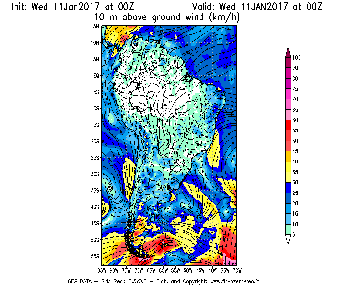 Mappa di analisi GFS - Velocità del vento a 10 metri dal suolo [km/h] in Sud-America
							del 11/01/2017 00 <!--googleoff: index-->UTC<!--googleon: index-->