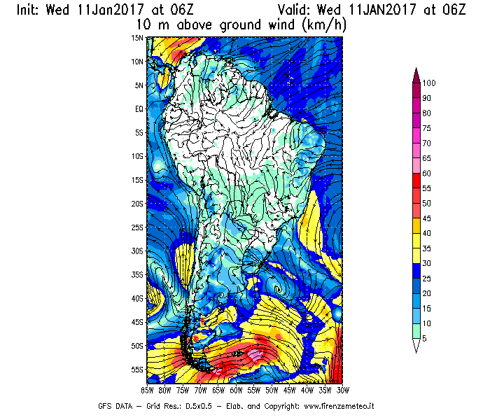 Mappa di analisi GFS - Velocità del vento a 10 metri dal suolo [km/h] in Sud-America
							del 11/01/2017 06 <!--googleoff: index-->UTC<!--googleon: index-->