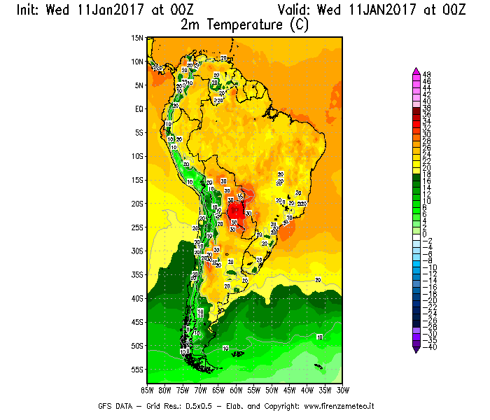 Mappa di analisi GFS - Temperatura a 2 metri dal suolo [°C] in Sud-America
							del 11/01/2017 00 <!--googleoff: index-->UTC<!--googleon: index-->