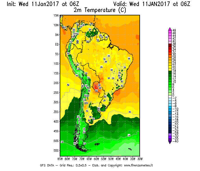 Mappa di analisi GFS - Temperatura a 2 metri dal suolo [°C] in Sud-America
									del 11/01/2017 06 <!--googleoff: index-->UTC<!--googleon: index-->