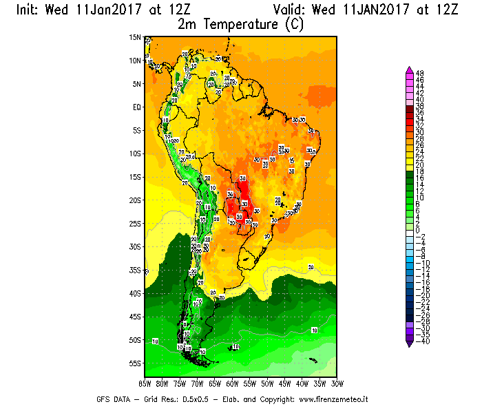Mappa di analisi GFS - Temperatura a 2 metri dal suolo [°C] in Sud-America
							del 11/01/2017 12 <!--googleoff: index-->UTC<!--googleon: index-->