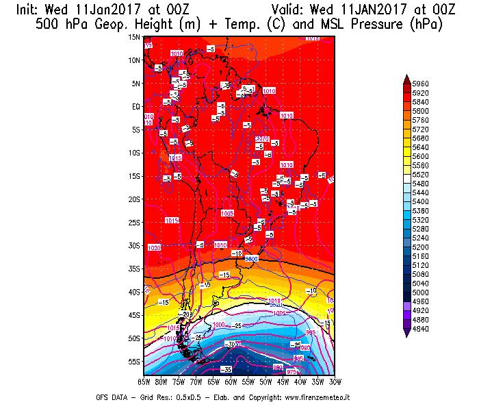 Mappa di analisi GFS - Geopotenziale [m] + Temp. [°C] a 500 hPa + Press. a livello del mare [hPa] in Sud-America
							del 11/01/2017 00 <!--googleoff: index-->UTC<!--googleon: index-->