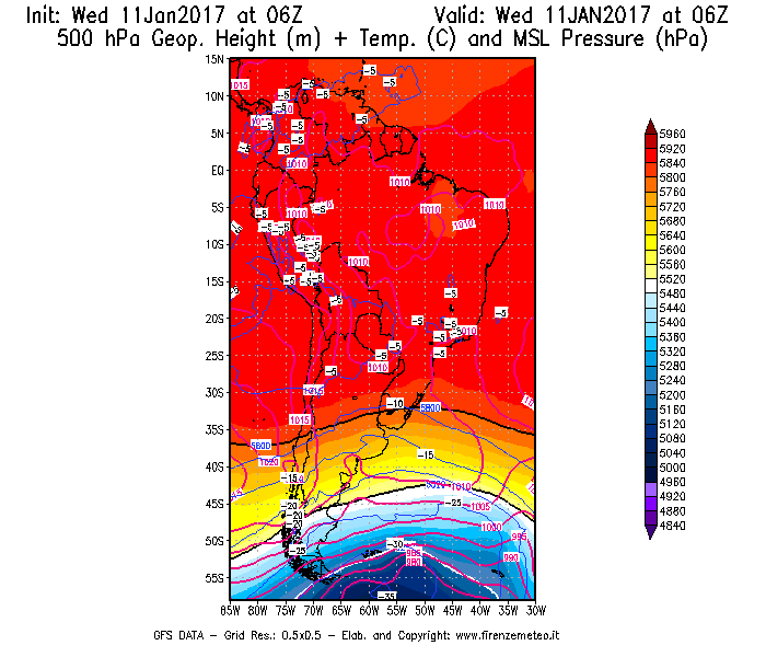 Mappa di analisi GFS - Geopotenziale [m] + Temp. [°C] a 500 hPa + Press. a livello del mare [hPa] in Sud-America
							del 11/01/2017 06 <!--googleoff: index-->UTC<!--googleon: index-->