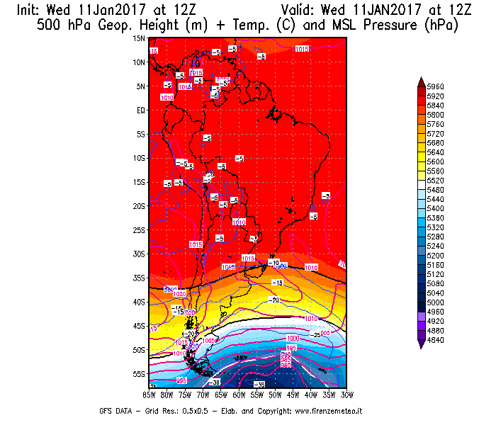 Mappa di analisi GFS - Geopotenziale [m] + Temp. [°C] a 500 hPa + Press. a livello del mare [hPa] in Sud-America
							del 11/01/2017 12 <!--googleoff: index-->UTC<!--googleon: index-->