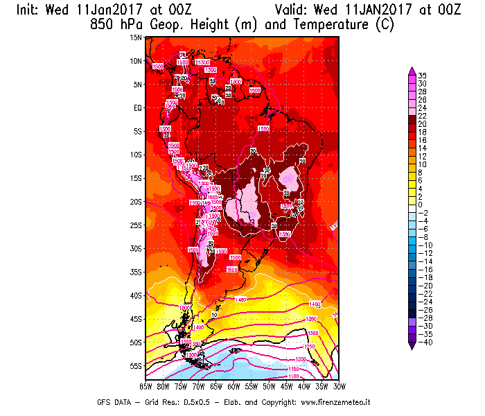 Mappa di analisi GFS - Geopotenziale [m] e Temperatura [°C] a 850 hPa in Sud-America
									del 11/01/2017 00 <!--googleoff: index-->UTC<!--googleon: index-->