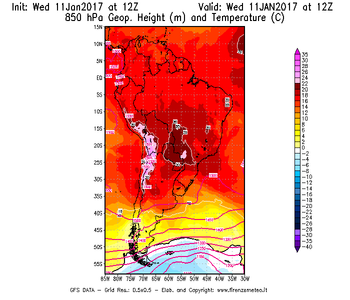 Mappa di analisi GFS - Geopotenziale [m] e Temperatura [°C] a 850 hPa in Sud-America
							del 11/01/2017 12 <!--googleoff: index-->UTC<!--googleon: index-->