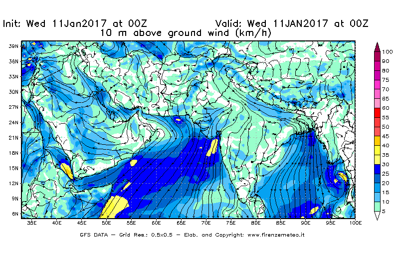 Mappa di analisi GFS - Velocità del vento a 10 metri dal suolo [km/h] in Asia Sud-Occidentale
							del 11/01/2017 00 <!--googleoff: index-->UTC<!--googleon: index-->