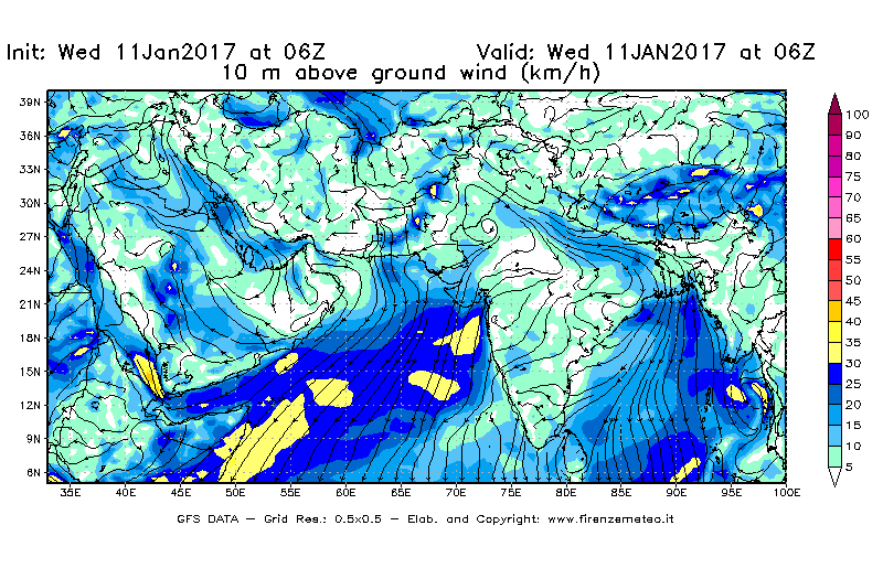 Mappa di analisi GFS - Velocità del vento a 10 metri dal suolo [km/h] in Asia Sud-Occidentale
									del 11/01/2017 06 <!--googleoff: index-->UTC<!--googleon: index-->