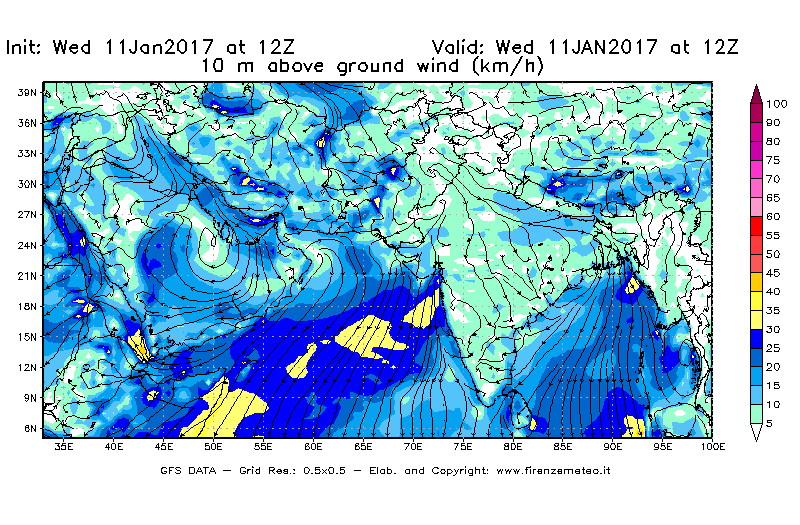 Mappa di analisi GFS - Velocità del vento a 10 metri dal suolo [km/h] in Asia Sud-Occidentale
									del 11/01/2017 12 <!--googleoff: index-->UTC<!--googleon: index-->