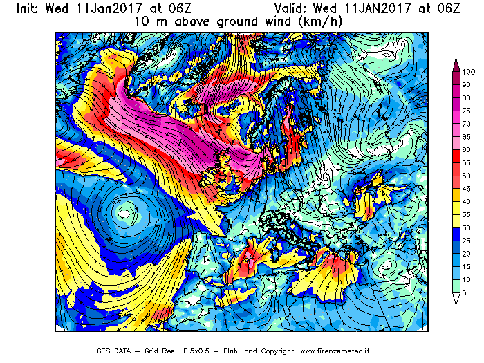 Mappa di analisi GFS - Velocità del vento a 10 metri dal suolo [km/h] in Europa
									del 11/01/2017 06 <!--googleoff: index-->UTC<!--googleon: index-->