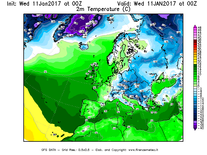 Mappa di analisi GFS - Temperatura a 2 metri dal suolo [°C] in Europa
									del 11/01/2017 00 <!--googleoff: index-->UTC<!--googleon: index-->