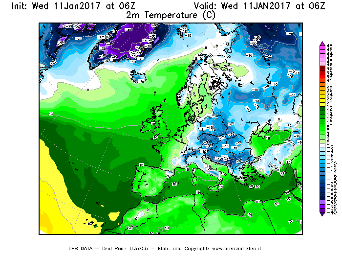 Mappa di analisi GFS - Temperatura a 2 metri dal suolo [°C] in Europa
							del 11/01/2017 06 <!--googleoff: index-->UTC<!--googleon: index-->