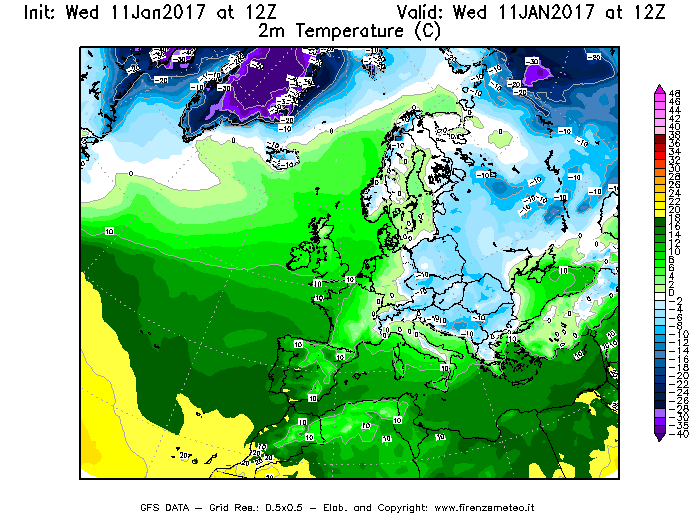 Mappa di analisi GFS - Temperatura a 2 metri dal suolo [°C] in Europa
							del 11/01/2017 12 <!--googleoff: index-->UTC<!--googleon: index-->