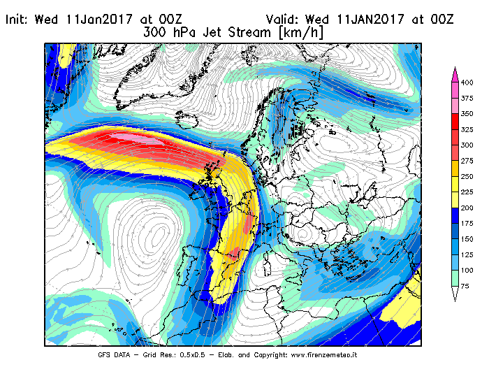 Mappa di analisi GFS - Jet Stream a 300 hPa in Europa
									del 11/01/2017 00 <!--googleoff: index-->UTC<!--googleon: index-->