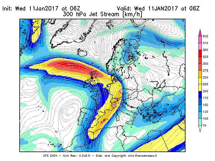 Mappa di analisi GFS - Jet Stream a 300 hPa in Europa
							del 11/01/2017 06 <!--googleoff: index-->UTC<!--googleon: index-->