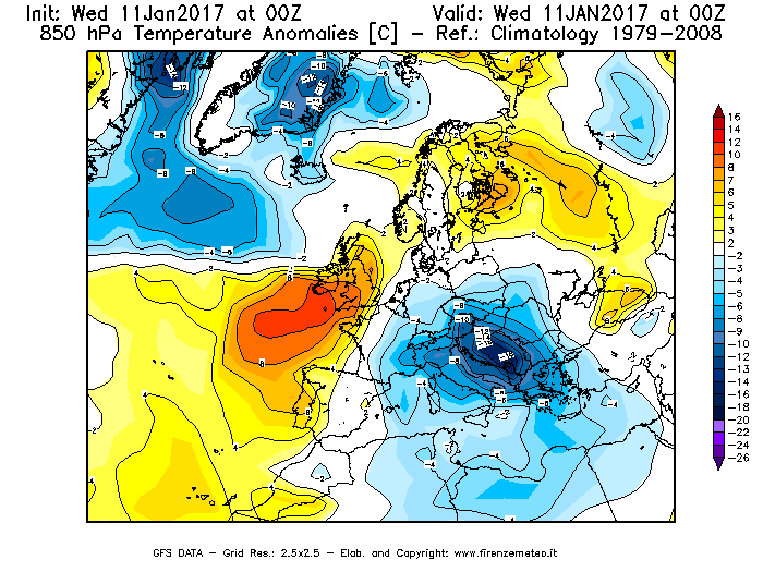 Mappa di analisi GFS - Anomalia Temperatura [°C] a 850 hPa in Europa
							del 11/01/2017 00 <!--googleoff: index-->UTC<!--googleon: index-->