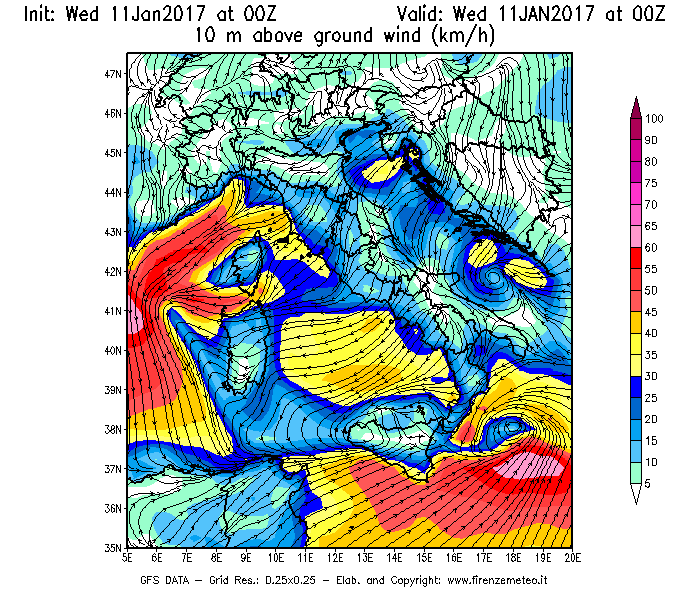 Mappa di analisi GFS - Velocità del vento a 10 metri dal suolo [km/h] in Italia
							del 11/01/2017 00 <!--googleoff: index-->UTC<!--googleon: index-->