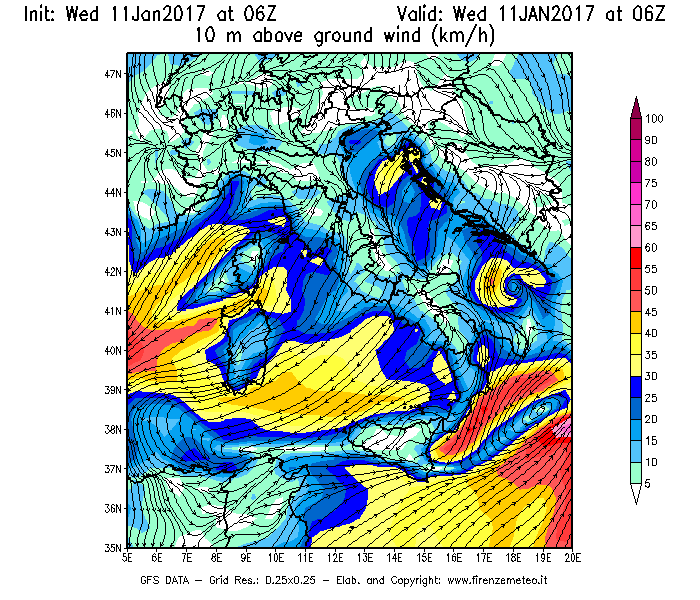Mappa di analisi GFS - Velocità del vento a 10 metri dal suolo [km/h] in Italia
									del 11/01/2017 06 <!--googleoff: index-->UTC<!--googleon: index-->