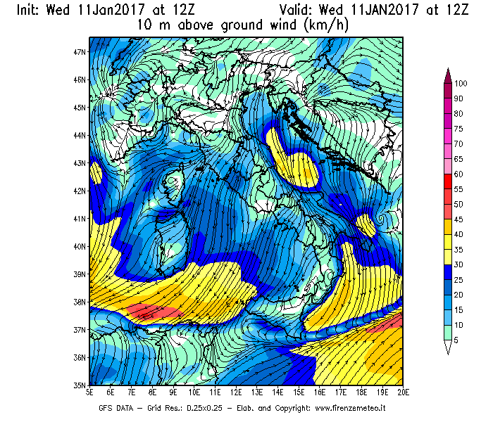 Mappa di analisi GFS - Velocità del vento a 10 metri dal suolo [km/h] in Italia
							del 11/01/2017 12 <!--googleoff: index-->UTC<!--googleon: index-->