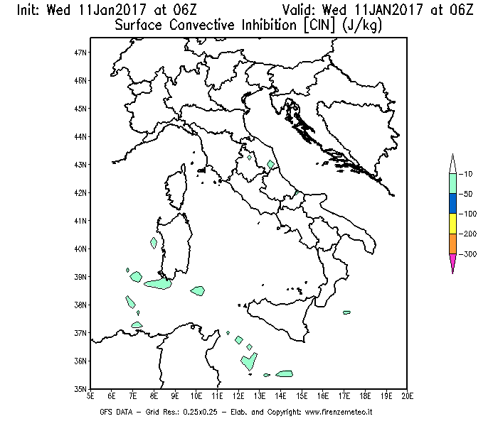 Mappa di analisi GFS - CIN [J/kg] in Italia
									del 11/01/2017 06 <!--googleoff: index-->UTC<!--googleon: index-->