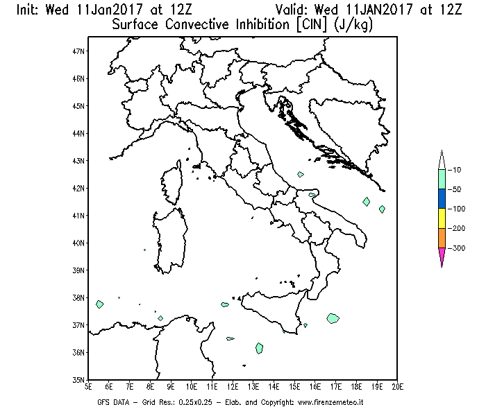 Mappa di analisi GFS - CIN [J/kg] in Italia
							del 11/01/2017 12 <!--googleoff: index-->UTC<!--googleon: index-->