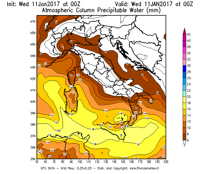 Mappa di analisi GFS - Precipitable Water [mm] in Italia
									del 11/01/2017 00 <!--googleoff: index-->UTC<!--googleon: index-->