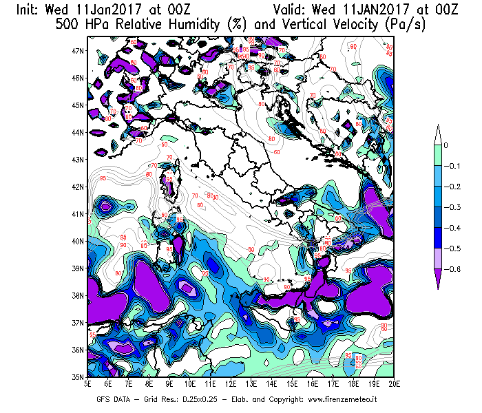 Mappa di analisi GFS - Umidità relativa [%] e Omega [Pa/s] a 500 hPa in Italia
							del 11/01/2017 00 <!--googleoff: index-->UTC<!--googleon: index-->
