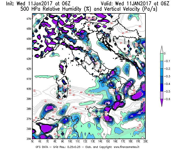 Mappa di analisi GFS - Umidità relativa [%] e Omega [Pa/s] a 500 hPa in Italia
									del 11/01/2017 06 <!--googleoff: index-->UTC<!--googleon: index-->