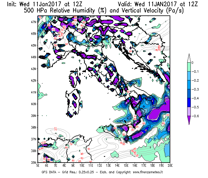 Mappa di analisi GFS - Umidità relativa [%] e Omega [Pa/s] a 500 hPa in Italia
							del 11/01/2017 12 <!--googleoff: index-->UTC<!--googleon: index-->