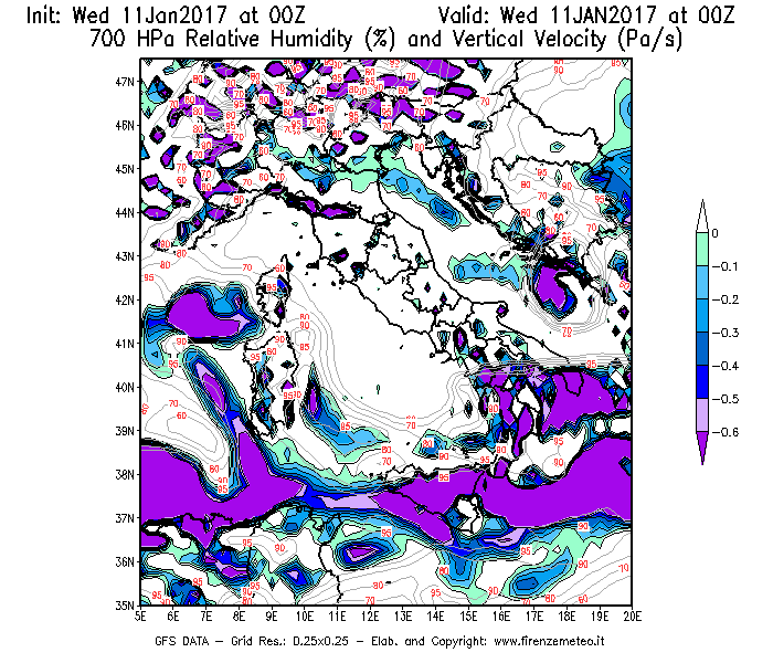 Mappa di analisi GFS - Umidità relativa [%] e Omega [Pa/s] a 700 hPa in Italia
							del 11/01/2017 00 <!--googleoff: index-->UTC<!--googleon: index-->