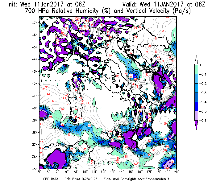 Mappa di analisi GFS - Umidità relativa [%] e Omega [Pa/s] a 700 hPa in Italia
							del 11/01/2017 06 <!--googleoff: index-->UTC<!--googleon: index-->
