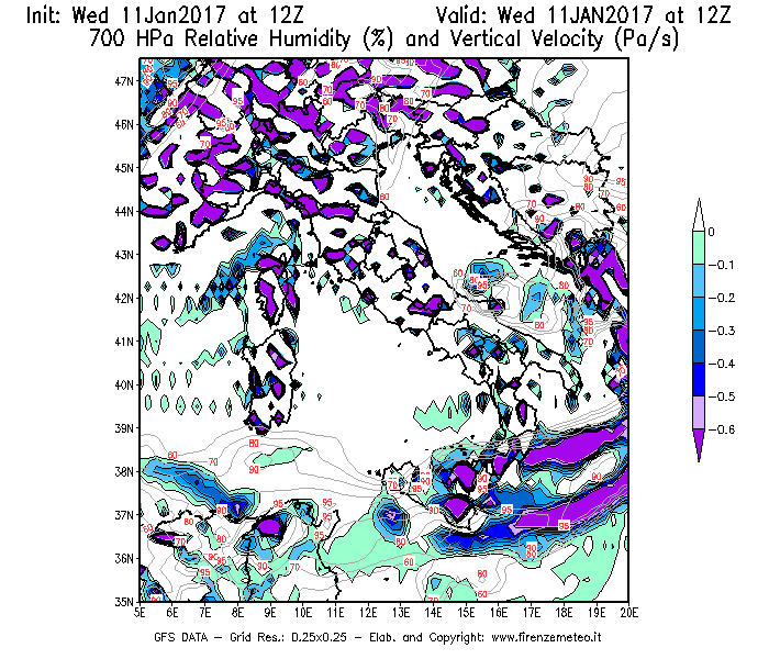 Mappa di analisi GFS - Umidità relativa [%] e Omega [Pa/s] a 700 hPa in Italia
							del 11/01/2017 12 <!--googleoff: index-->UTC<!--googleon: index-->