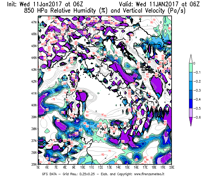 Mappa di analisi GFS - Umidità relativa [%] e Omega [Pa/s] a 850 hPa in Italia
							del 11/01/2017 06 <!--googleoff: index-->UTC<!--googleon: index-->