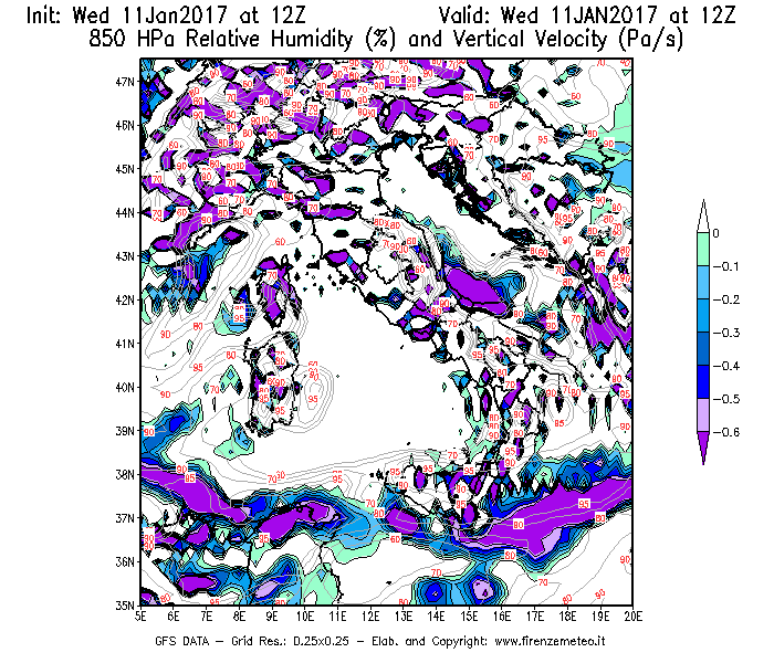 Mappa di analisi GFS - Umidità relativa [%] e Omega [Pa/s] a 850 hPa in Italia
									del 11/01/2017 12 <!--googleoff: index-->UTC<!--googleon: index-->