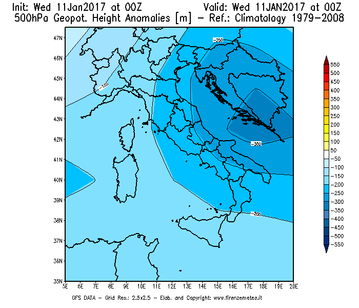 Mappa di analisi GFS - Anomalia di Geopotenziale a 500 hPa in Italia
							del 11/01/2017 00 <!--googleoff: index-->UTC<!--googleon: index-->