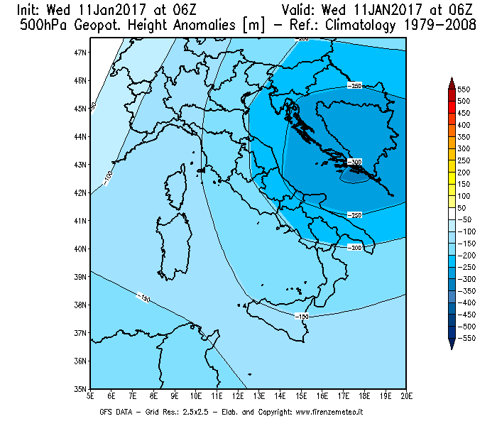 Mappa di analisi GFS - Anomalia di Geopotenziale a 500 hPa in Italia
									del 11/01/2017 06 <!--googleoff: index-->UTC<!--googleon: index-->