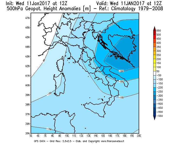 Mappa di analisi GFS - Anomalia di Geopotenziale a 500 hPa in Italia
									del 11/01/2017 12 <!--googleoff: index-->UTC<!--googleon: index-->