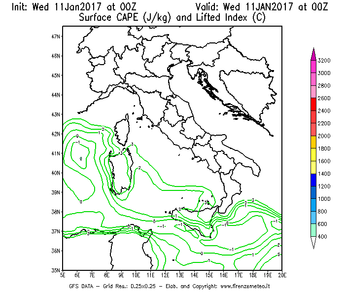 Mappa di analisi GFS - CAPE [J/kg] e Lifted Index [°C] in Italia
							del 11/01/2017 00 <!--googleoff: index-->UTC<!--googleon: index-->