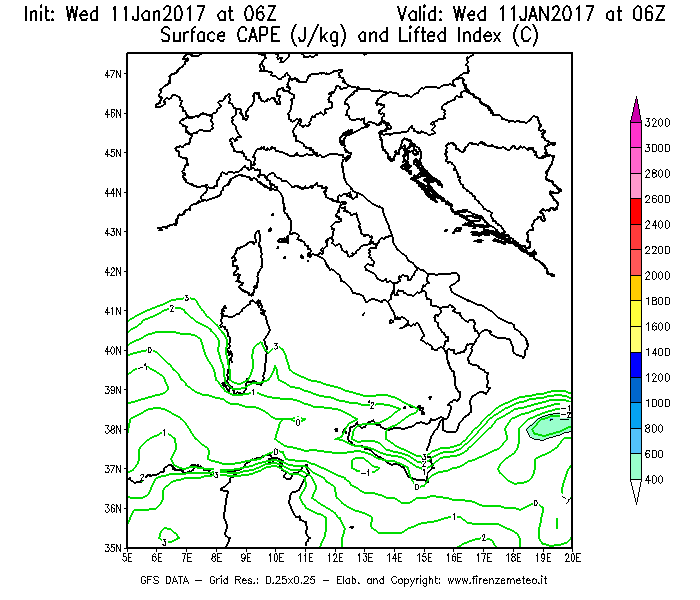 Mappa di analisi GFS - CAPE [J/kg] e Lifted Index [°C] in Italia
							del 11/01/2017 06 <!--googleoff: index-->UTC<!--googleon: index-->