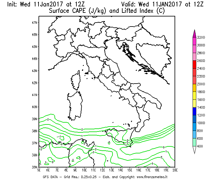 Mappa di analisi GFS - CAPE [J/kg] e Lifted Index [°C] in Italia
									del 11/01/2017 12 <!--googleoff: index-->UTC<!--googleon: index-->