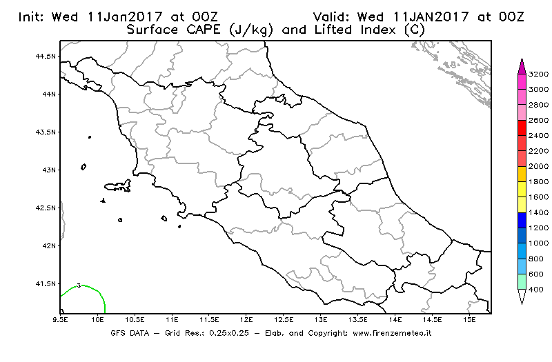 Mappa di analisi GFS - CAPE [J/kg] e Lifted Index [°C] in Centro-Italia
							del 11/01/2017 00 <!--googleoff: index-->UTC<!--googleon: index-->