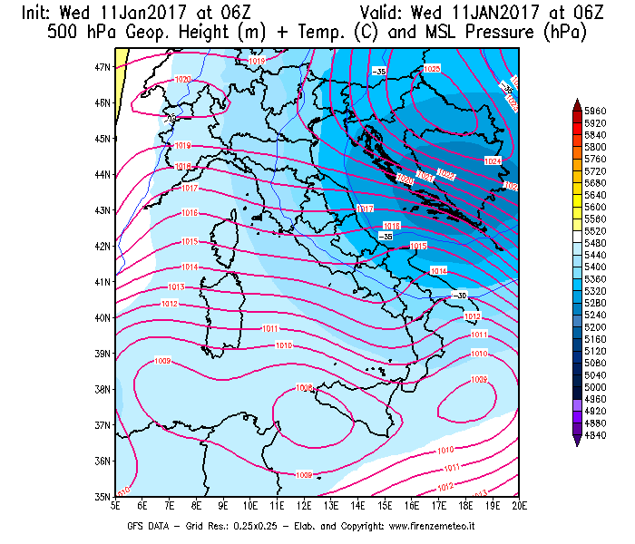 Mappa di analisi GFS - Geopotenziale [m] + Temp. [°C] a 500 hPa + Press. a livello del mare [hPa] in Italia
							del 11/01/2017 06 <!--googleoff: index-->UTC<!--googleon: index-->
