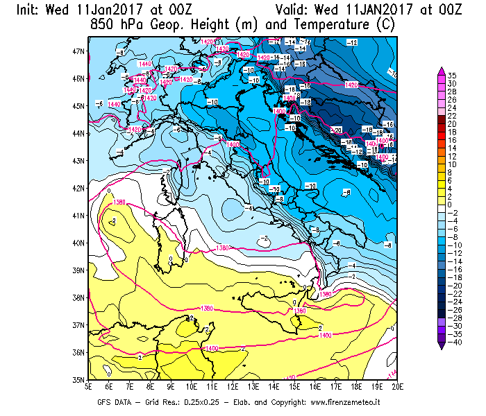 Mappa di analisi GFS - Geopotenziale [m] e Temperatura [°C] a 850 hPa in Italia
									del 11/01/2017 00 <!--googleoff: index-->UTC<!--googleon: index-->