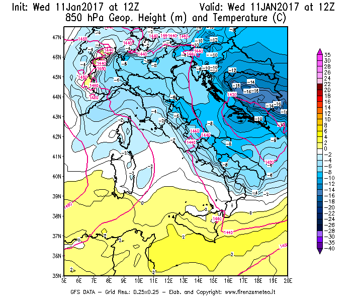 Mappa di analisi GFS - Geopotenziale [m] e Temperatura [°C] a 850 hPa in Italia
							del 11/01/2017 12 <!--googleoff: index-->UTC<!--googleon: index-->