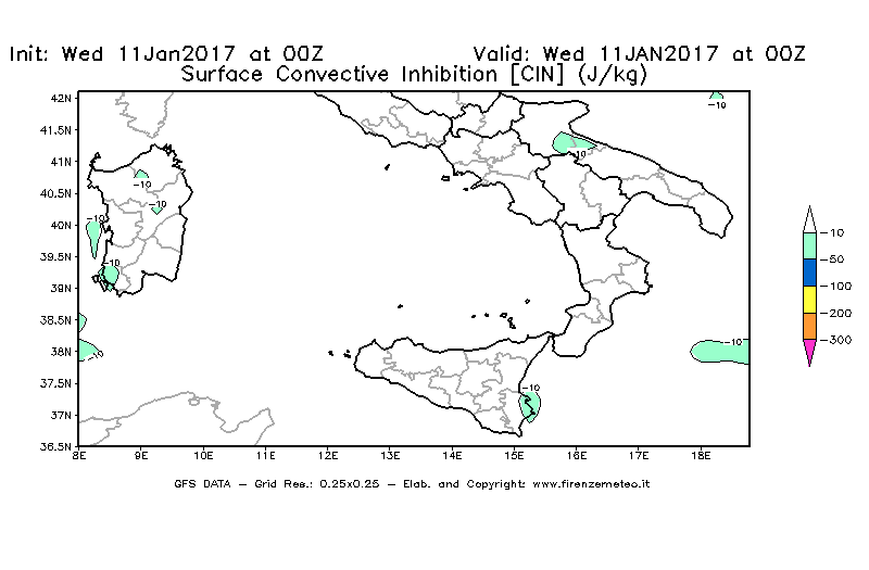 Mappa di analisi GFS - CIN [J/kg] in Sud-Italia
									del 11/01/2017 00 <!--googleoff: index-->UTC<!--googleon: index-->
