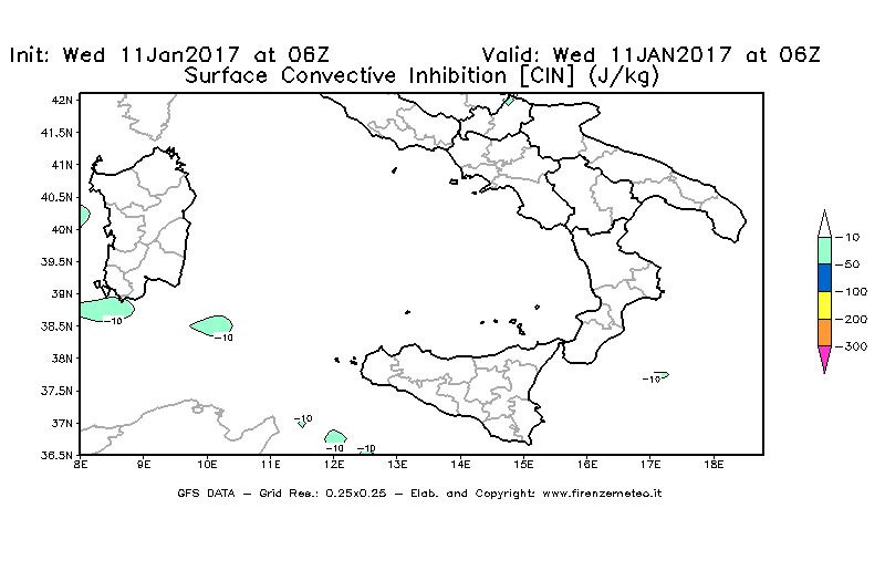 Mappa di analisi GFS - CIN [J/kg] in Sud-Italia
							del 11/01/2017 06 <!--googleoff: index-->UTC<!--googleon: index-->