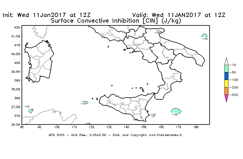 Mappa di analisi GFS - CIN [J/kg] in Sud-Italia
							del 11/01/2017 12 <!--googleoff: index-->UTC<!--googleon: index-->