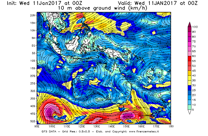 Mappa di analisi GFS - Velocità del vento a 10 metri dal suolo [km/h] in Oceania
							del 11/01/2017 00 <!--googleoff: index-->UTC<!--googleon: index-->