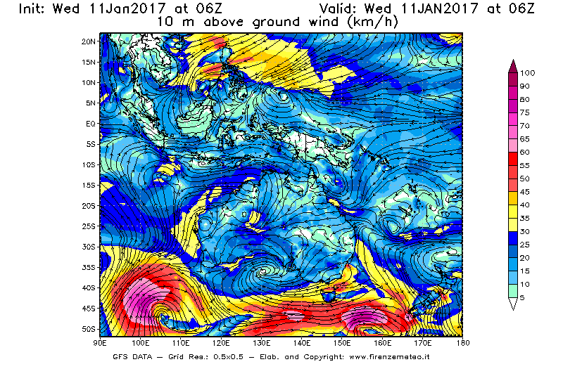 Mappa di analisi GFS - Velocità del vento a 10 metri dal suolo [km/h] in Oceania
									del 11/01/2017 06 <!--googleoff: index-->UTC<!--googleon: index-->