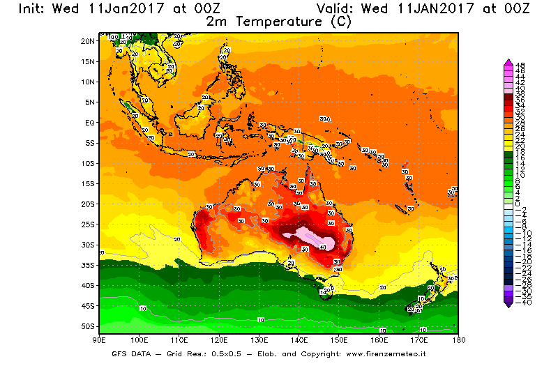 Mappa di analisi GFS - Temperatura a 2 metri dal suolo [°C] in Oceania
									del 11/01/2017 00 <!--googleoff: index-->UTC<!--googleon: index-->